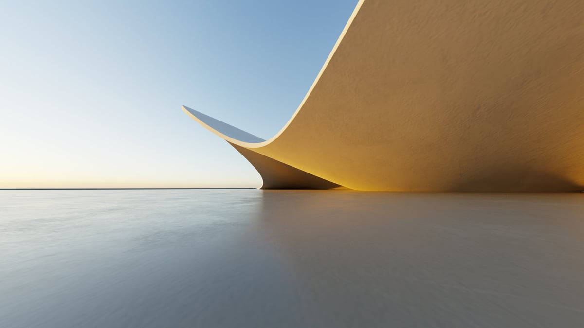 Fondo arquitectónico blanco curvo con reflejo en piso de concreto